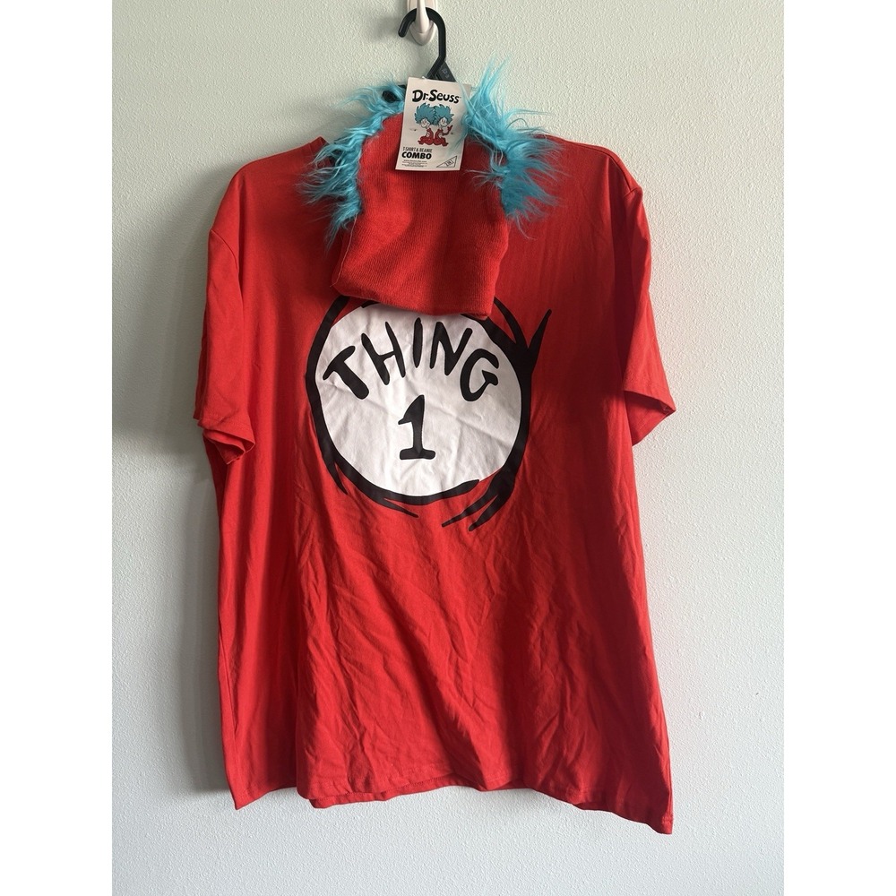 Dr. Seuss Mens Adult 3XL Thing 1 Red Graphic Print T-Shirt and Beanie Combo